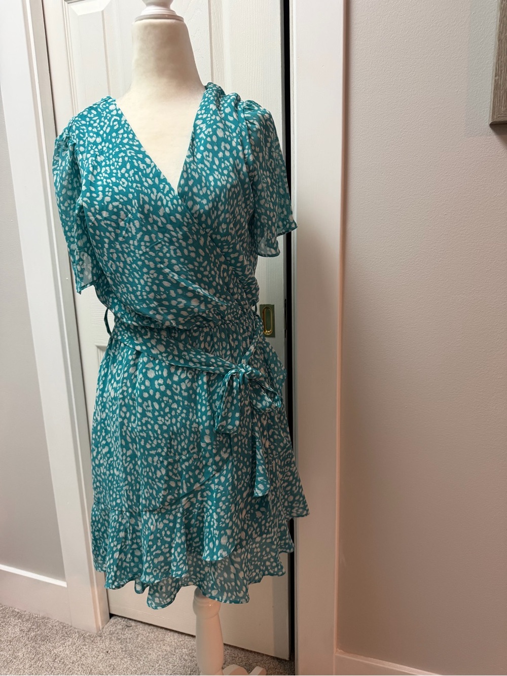Teal Printed Wrap Mini Dress with Ruffle Hem